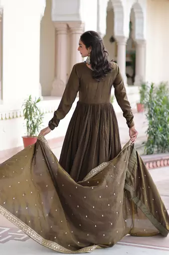 Wonderful Mehendi Green Sequins Silk Wedding Wear Anarkali Gown With Dupatta