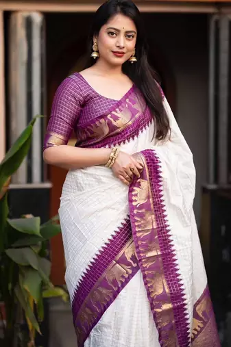 White silk blend banarasi jaquard designer saree with blouse
