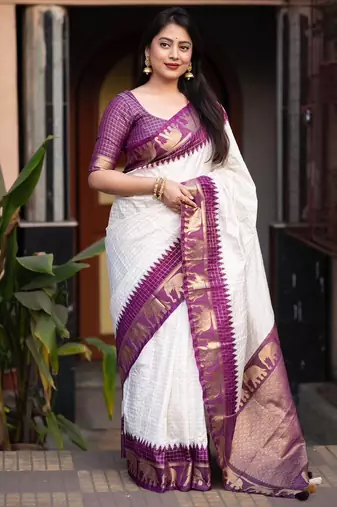 White silk blend banarasi jaquard designer saree with blouse