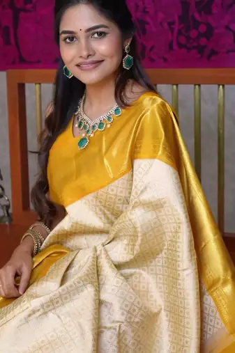 Light yellow silk blend banarasi jaquard designer saree with blouse