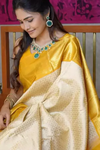 Light yellow silk blend banarasi jaquard designer saree with blouse