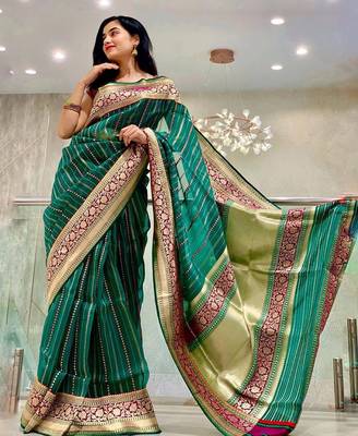 Green silk blend banarasi jaquard designer saree with blouse 3