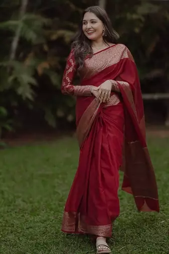 Red silk blend banarasi jaquard designer saree with blouse