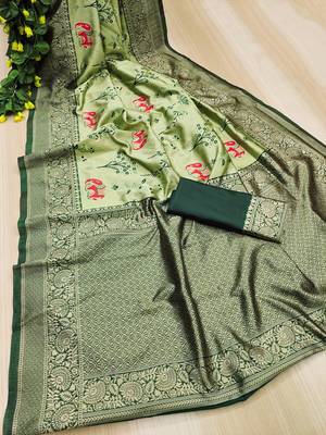 Light green silk blend banarasi jaquard designer saree with blouse 2