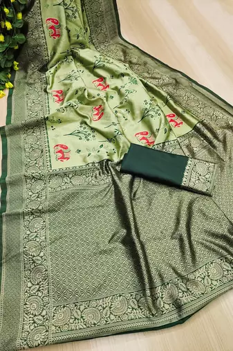 Light green silk blend banarasi jaquard designer saree with blouse