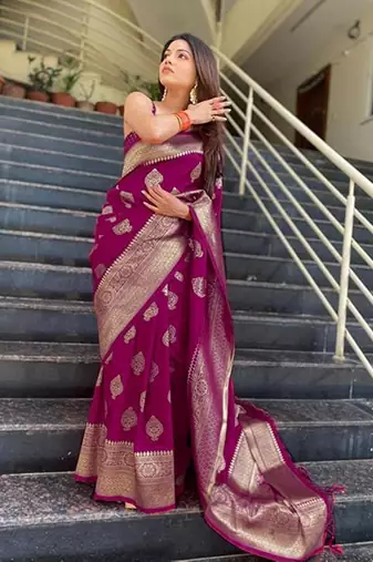 Wine silk blend banarasi jaquard designer saree with blouse