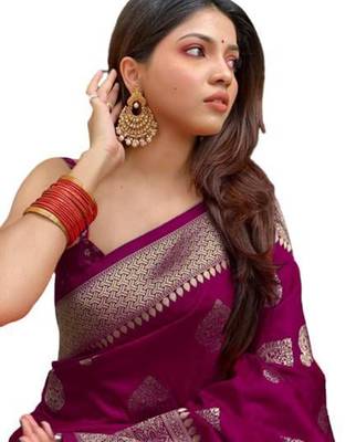 Wine silk blend banarasi jaquard designer saree with blouse 3