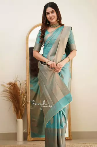 Turquoise silk blend banarasi jaquard designer saree with blouse
