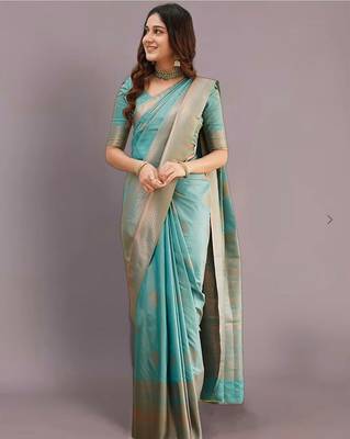 Turquoise silk blend banarasi jaquard designer saree with blouse 3