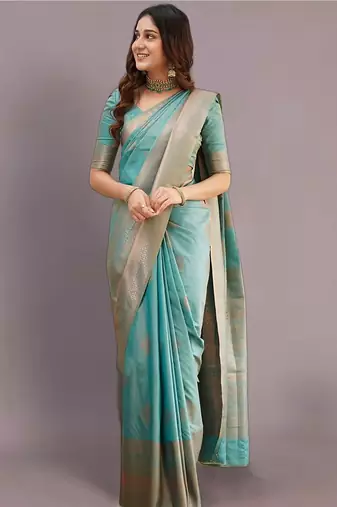 Turquoise silk blend banarasi jaquard designer saree with blouse