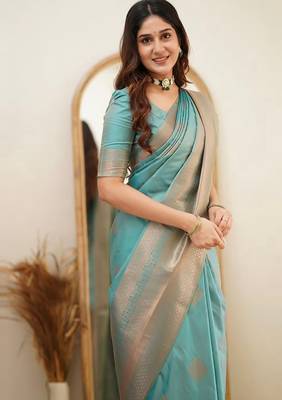 Turquoise silk blend banarasi jaquard designer saree with blouse 4