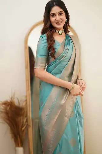 Turquoise silk blend banarasi jaquard designer saree with blouse