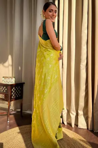 Yellow silk blend banarasi jaquard designer saree with blouse