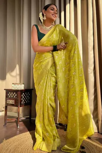 Yellow silk blend banarasi jaquard designer saree with blouse