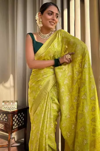 Yellow silk blend banarasi jaquard designer saree with blouse