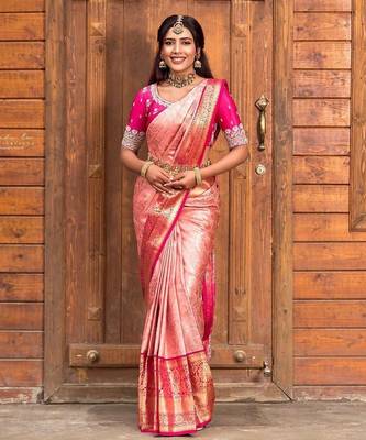 Peach silk blend banarasi jaquard designer saree with blouse 3