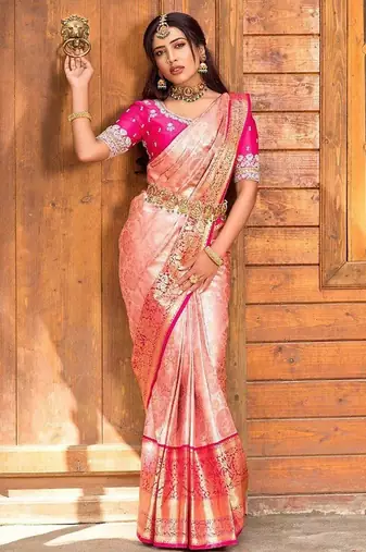 Peach silk blend banarasi jaquard designer saree with blouse