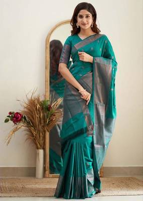 Sea green silk blend banarasi jaquard designer saree with blouse 2