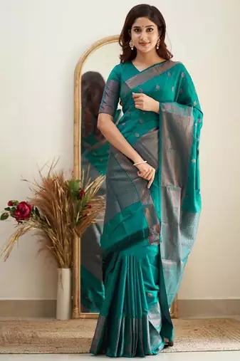 Sea green silk blend banarasi jaquard designer saree with blouse