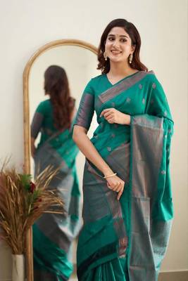 Sea green silk blend banarasi jaquard designer saree with blouse 3