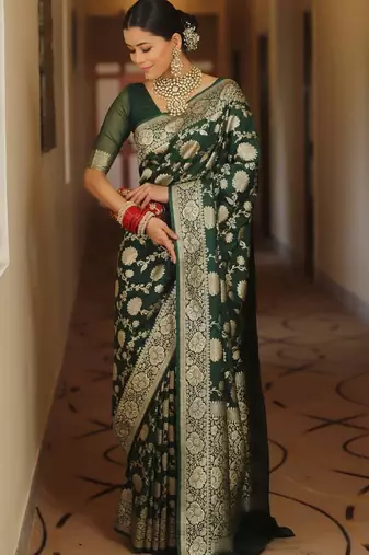 Green silk blend banarasi jaquard designer saree with blouse