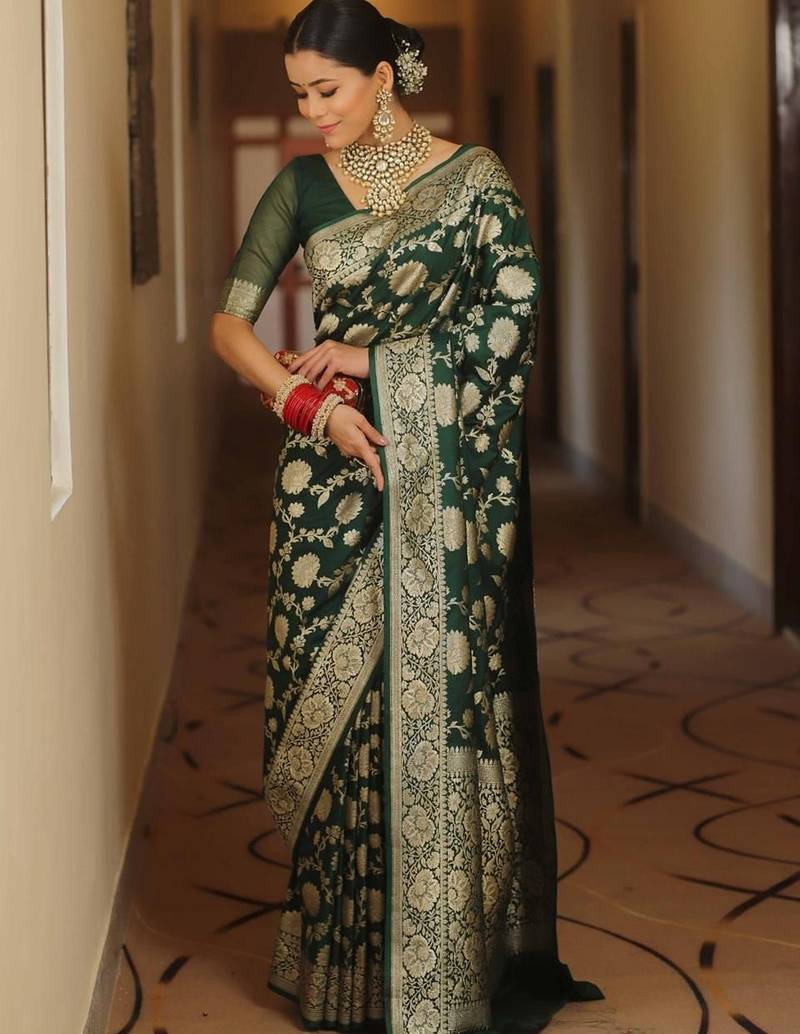 Green soft silk blend banarasi jacuard work designer saree with blouse