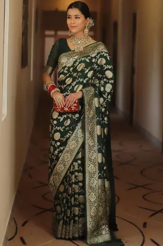 Green silk blend banarasi jaquard designer saree with blouse