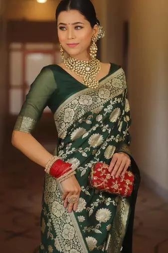 Green silk blend banarasi jaquard designer saree with blouse