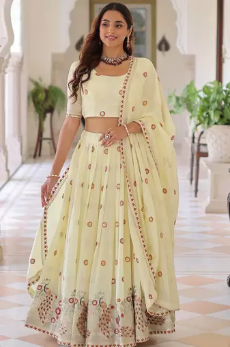 Striking Cream Multi Thread Work Silk Lehenga With Blouse