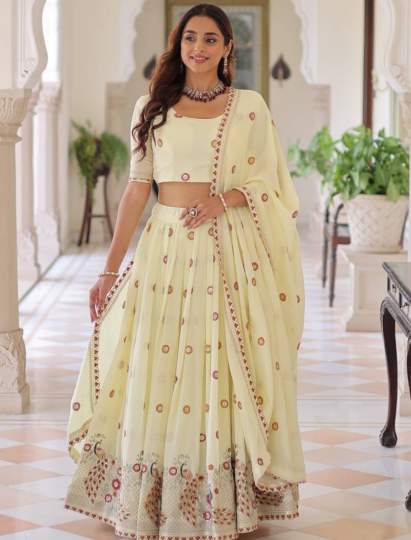 Striking Cream Multi Thread Work Silk Lehenga With Blouse