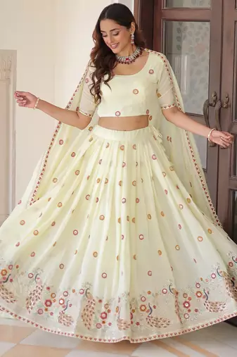 Striking Cream Multi Thread Work Silk Lehenga With Blouse