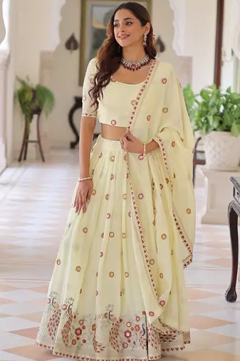 Striking Cream Multi Thread Work Silk Lehenga With Blouse