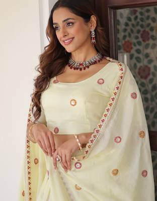 Striking Cream Multi Thread Work Silk Lehenga With Blouse 6