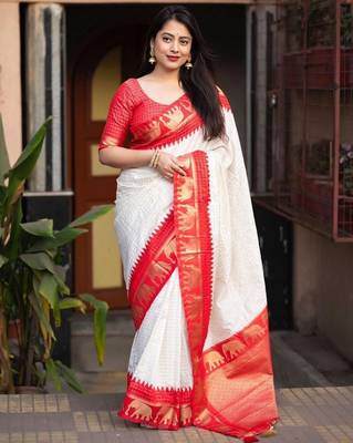 White silk blend banarasi jaquard designer saree with blouse 2