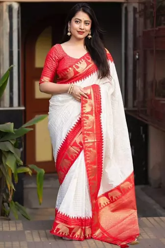 White silk blend banarasi jaquard designer saree with blouse