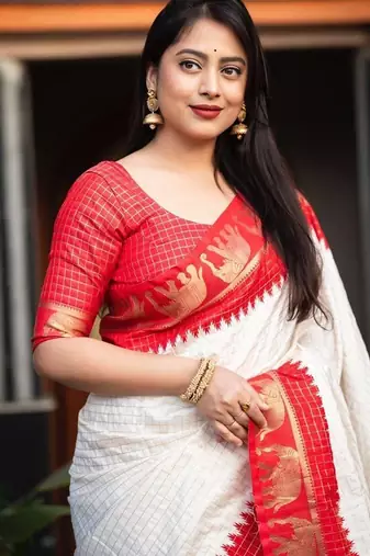 White silk blend banarasi jaquard designer saree with blouse