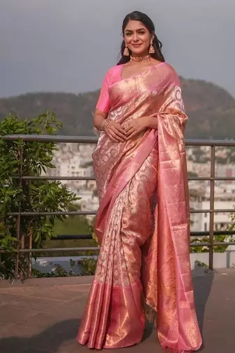Baby pink silk blend banarasi jaquard designer saree with blouse