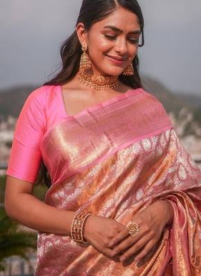 Baby pink silk blend banarasi jaquard designer saree with blouse 3