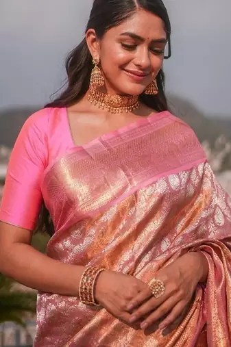 Baby pink silk blend banarasi jaquard designer saree with blouse