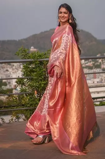 Baby pink silk blend banarasi jaquard designer saree with blouse