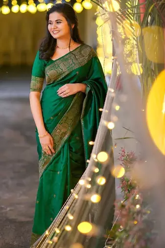 Green silk blend banarasi jaquard designer saree with blouse