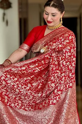 Red silk blend banarasi jaquard designer saree with blouse