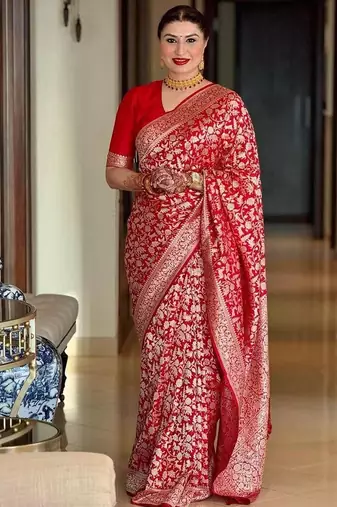 Red silk blend banarasi jaquard designer saree with blouse