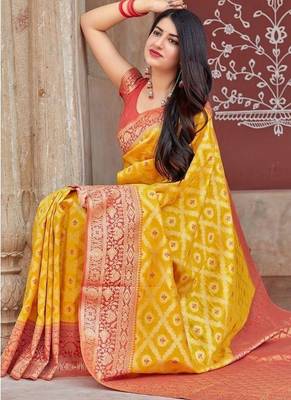 Yellow silk blend banarasi jaquard designer saree with blouse 2