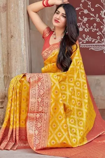 Yellow silk blend banarasi jaquard designer saree with blouse