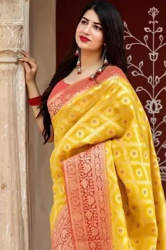 Yellow silk blend banarasi jaquard designer saree with blouse
