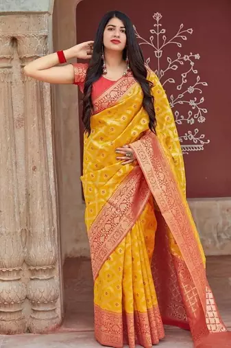 Yellow silk blend banarasi jaquard designer saree with blouse