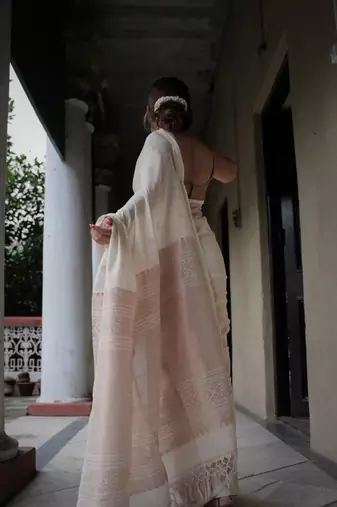 White silk blend banarasi jaquard designer saree with blouse