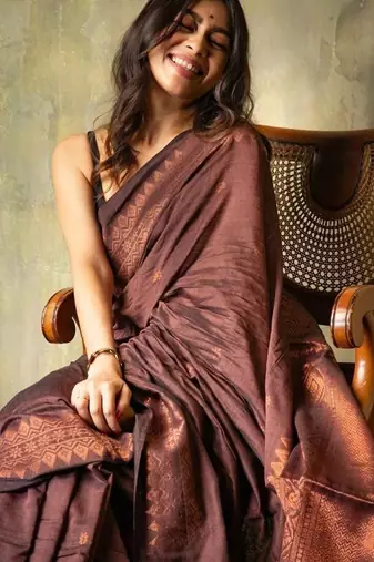 Brown silk blend banarasi jaquard designer saree with blouse