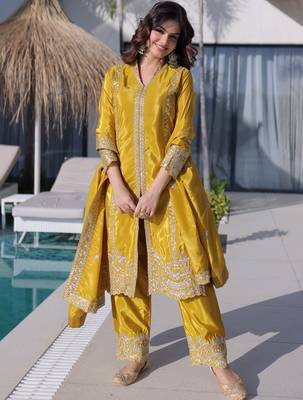 Splendid Mustard Yellow Zari Work Silk Haldi Wear Pant Suit With Dupatta 1